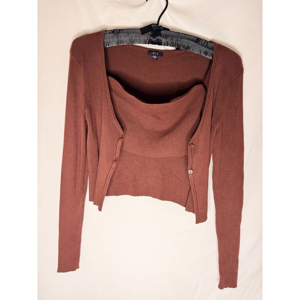 Iris - Cardigan and Tube Top Set Ribbed Knit - Brown - M - Womens
